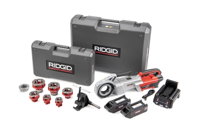 Gwintownica akumulatorowa 60V Ridgid 760 FXP Heavy Duty (11-R),  2 akumulatory FXP 4 Ah, ładowarka FXP, zestaw głowicy gwinciarskiej 1/2-2" 11-R BSPT, ramię wsporcze, walizka